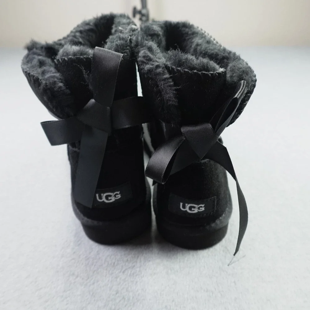 UGG Boots Womens 39 Black Gita Satin Bow Suede Sheepskin Ankle Winter